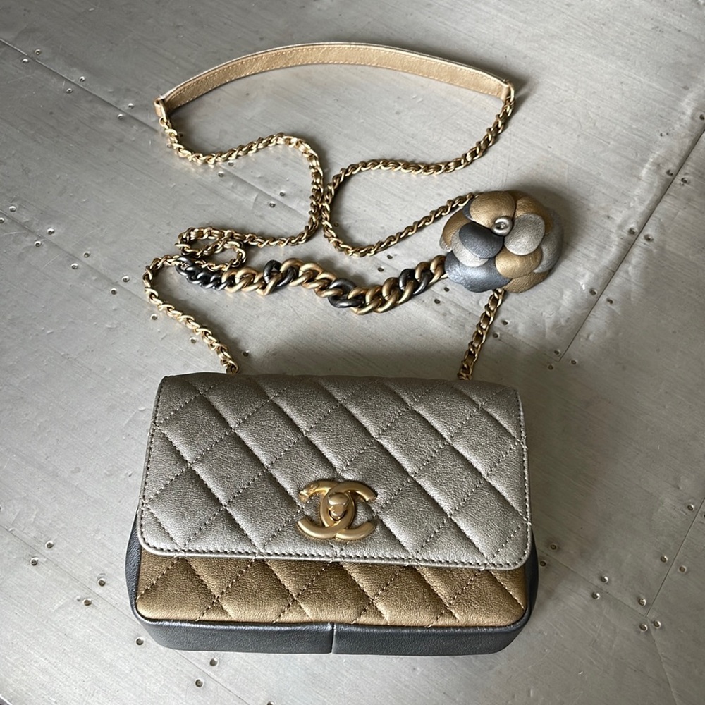 Chanel mini square quilted camellia two toned flap bag 17a bronze silver matte
